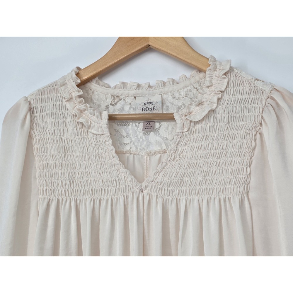 Women's Knox Rose Long Sleeve Peasant Top XS Ivory Lace Smocked Balloon Sleeve
